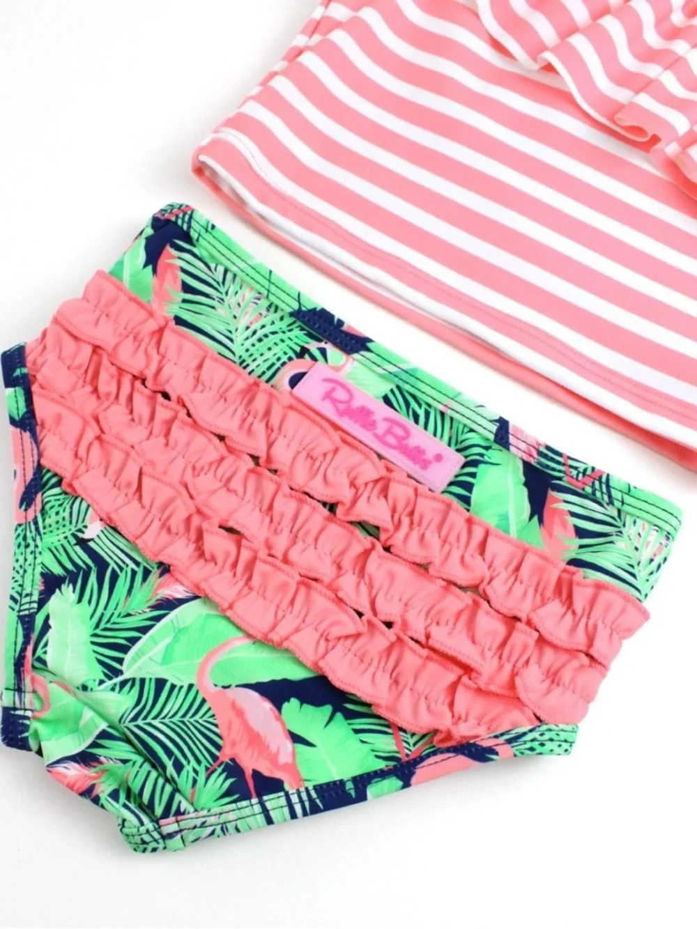 Ruffle Butts Pink Striped One-Shoulder Ruffle Bikini with Flamingo Print Bottoms